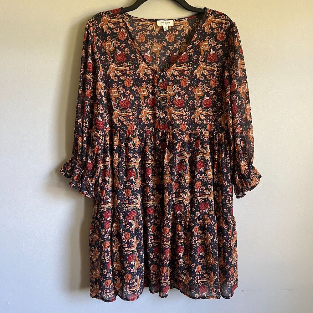 Umgee Floral Tiered Babydoll Mini Dress Medium Boho Fall Print Long Sleeve